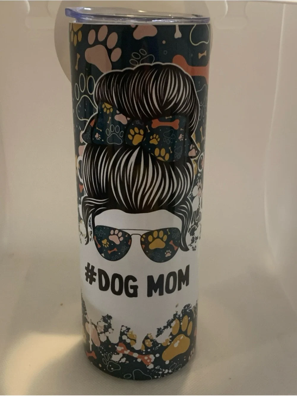 #DOG MOM Insulated Travel Tumbler - Teal with Pink & Gold Paw Print Design 20 Oz